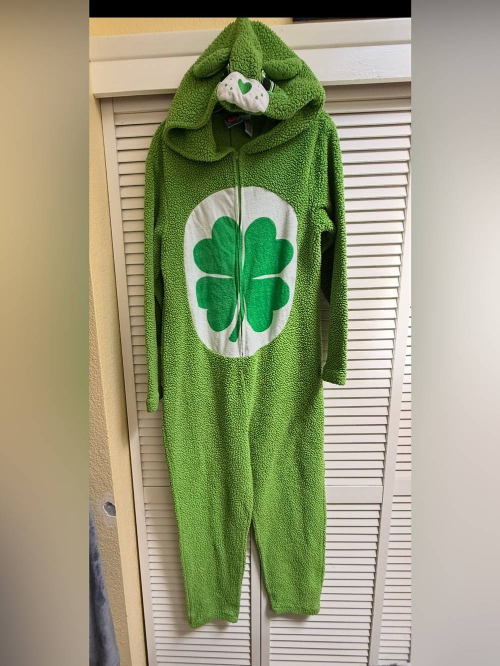Care Bears Good Luck Green Fleece One-Piece Footie Costume Shamrock-Women’s Sz M